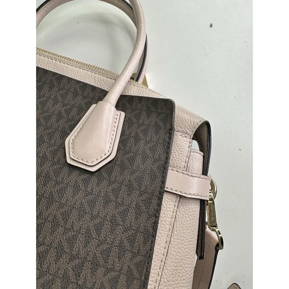 Michael Kors Mercer Medium Duffel Satchel Light Pink Stripe Leather Bag